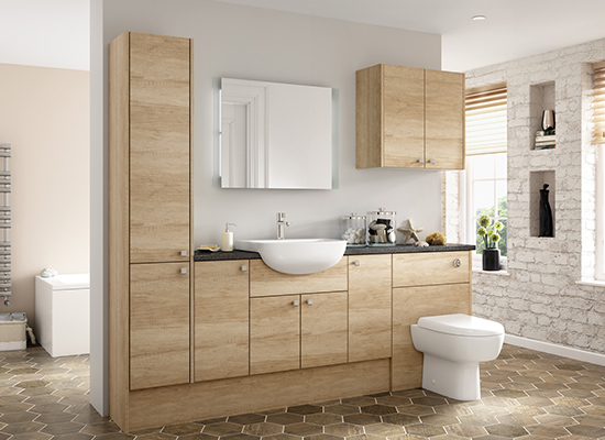 wood-style cupboards with marble surfaces created by bathroom fitters in shrewsbury