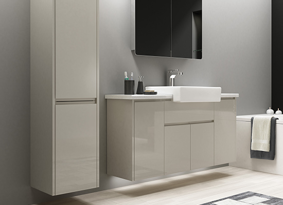 luxury fitted bathrooms with floating unit in gloss finish and large rectangle sink 